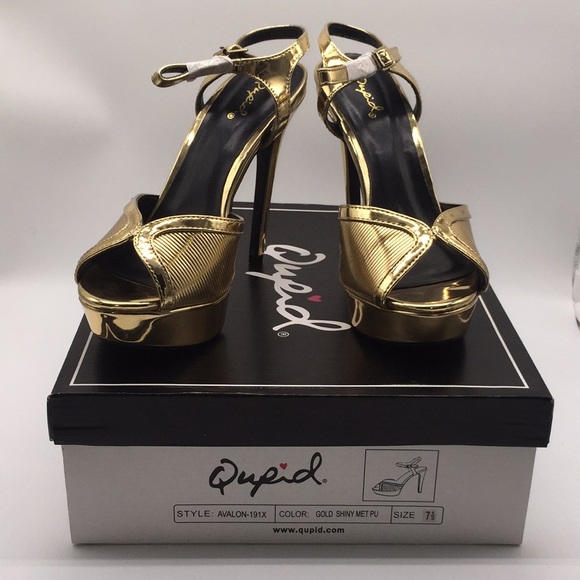 Qupid Ladies Platform Heels Pumps 5” Gold Shiny Metallic Open Toe Size 7.5 - Picture 15 of 16